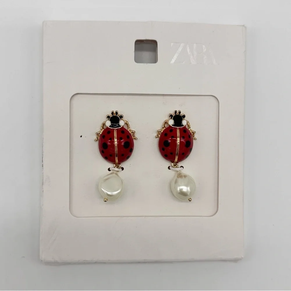 Zara Ladybug Pearl Drop Earrings